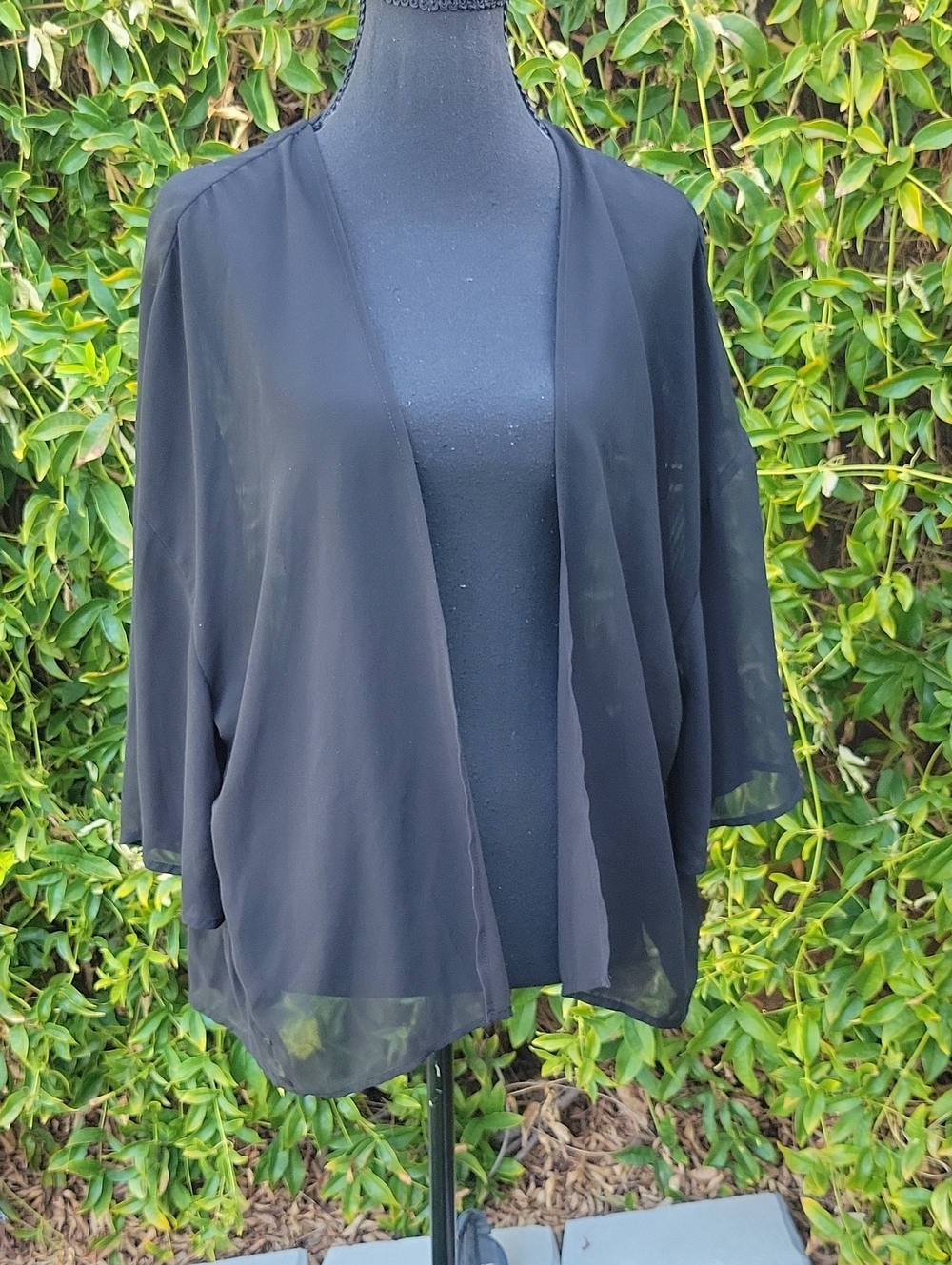 Black Sheer Open-Front Sheer Pleated Back  Cardigan Cover Up